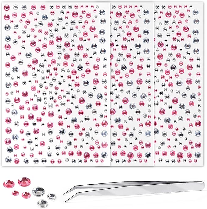 Self Adhesive Face Gems and Pearls for Makeup, Festival Jewels, Hair Gems, Rhinestone Stickers for Face, Eye, Makeup, Nail, Body, Crafts 3/4/5/6 mm 975Pcs (07.gem_White+Pink)