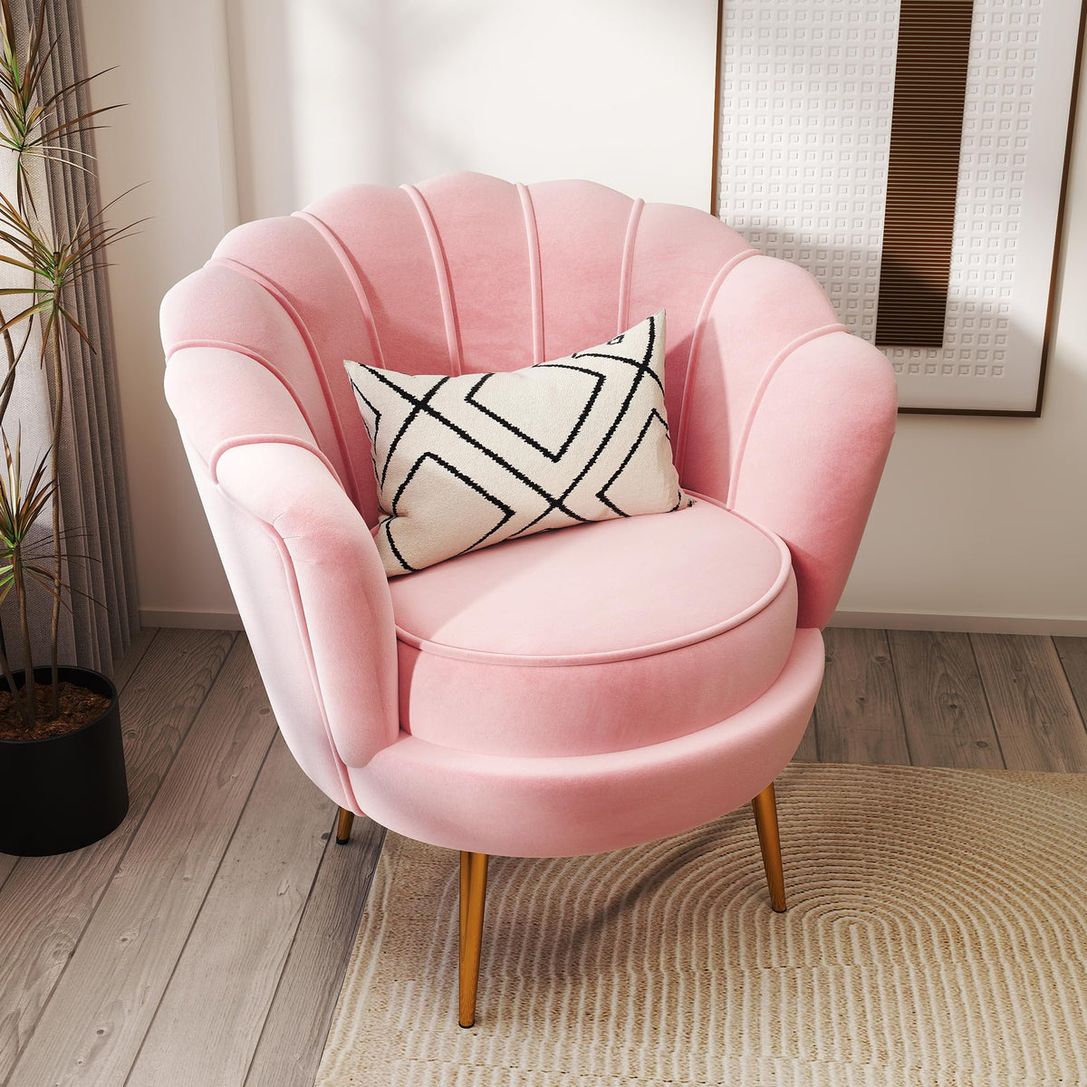 DAGONHIL Mid Century Modern Upholstered Accent Chair,Petal Vanity Chair,Retro Leisure Velvet Single Sofa with Golden Metal Legs for Living Room/Bedroom(Light Pink)