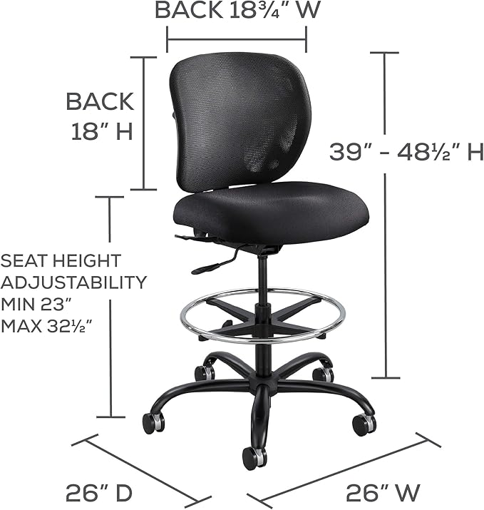 Safco Vue Office Chair, Heavy Duty Stool, 400 lbs Capacity, Ergonomic Mesh Back, 360 Swivel Seat, 5-Star Base, Big and Tall, Black