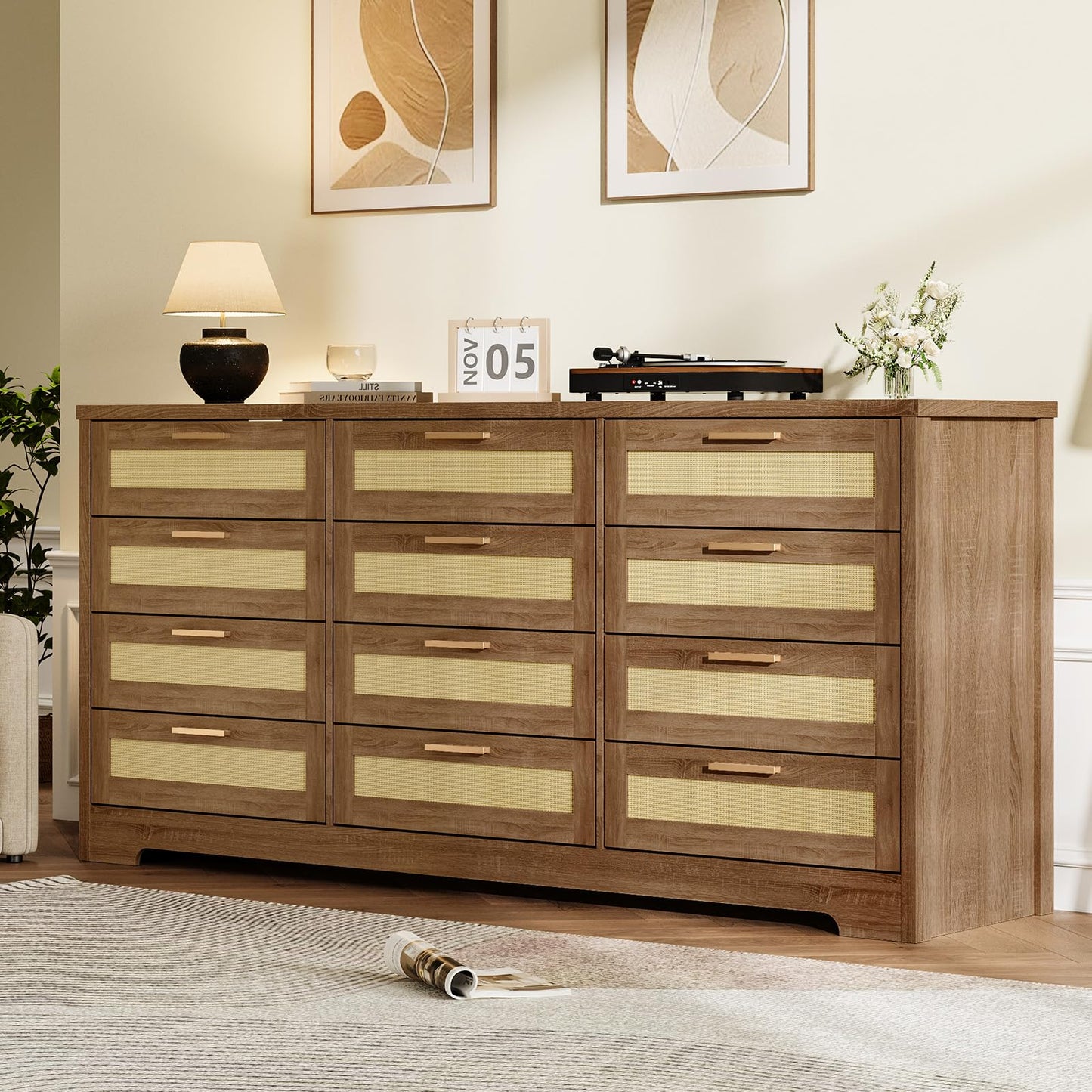 Hipicute 12 Drawer Dresser for Bedroom, Modern Rattan Chest of Drawers, Wood Storage Organizer with Rattan Panel Drawers and Handles, for Nursery, Entryway, Living Room, Natural