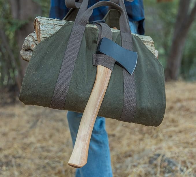 Heavy Duty Waxed Canvas Firewood Log Carrier Bag Tote – Unique Dual Handles allow Secure Comfortable grip with various load sizes. Cinch Strap holds all wood in place (Olive/Brown)