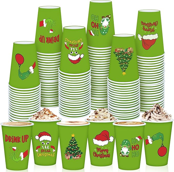 120 Pcs Merry Christmas Coffee Cups - Stink Stank Stunk Santa Hat Green 12 oz Disposable Hot Cocoa Coffee Paper Cup Bulk X...