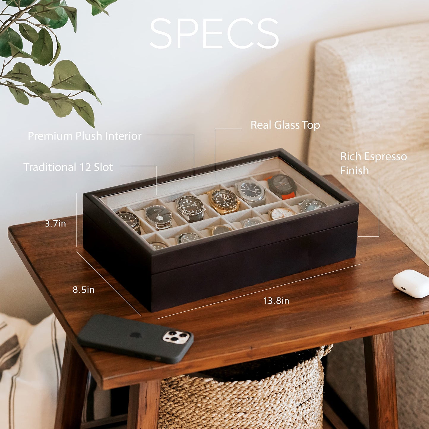 CASE ELEGANCE Solid Espresso 12 Slot Wood Watch Box Organizer with Glass Display Top