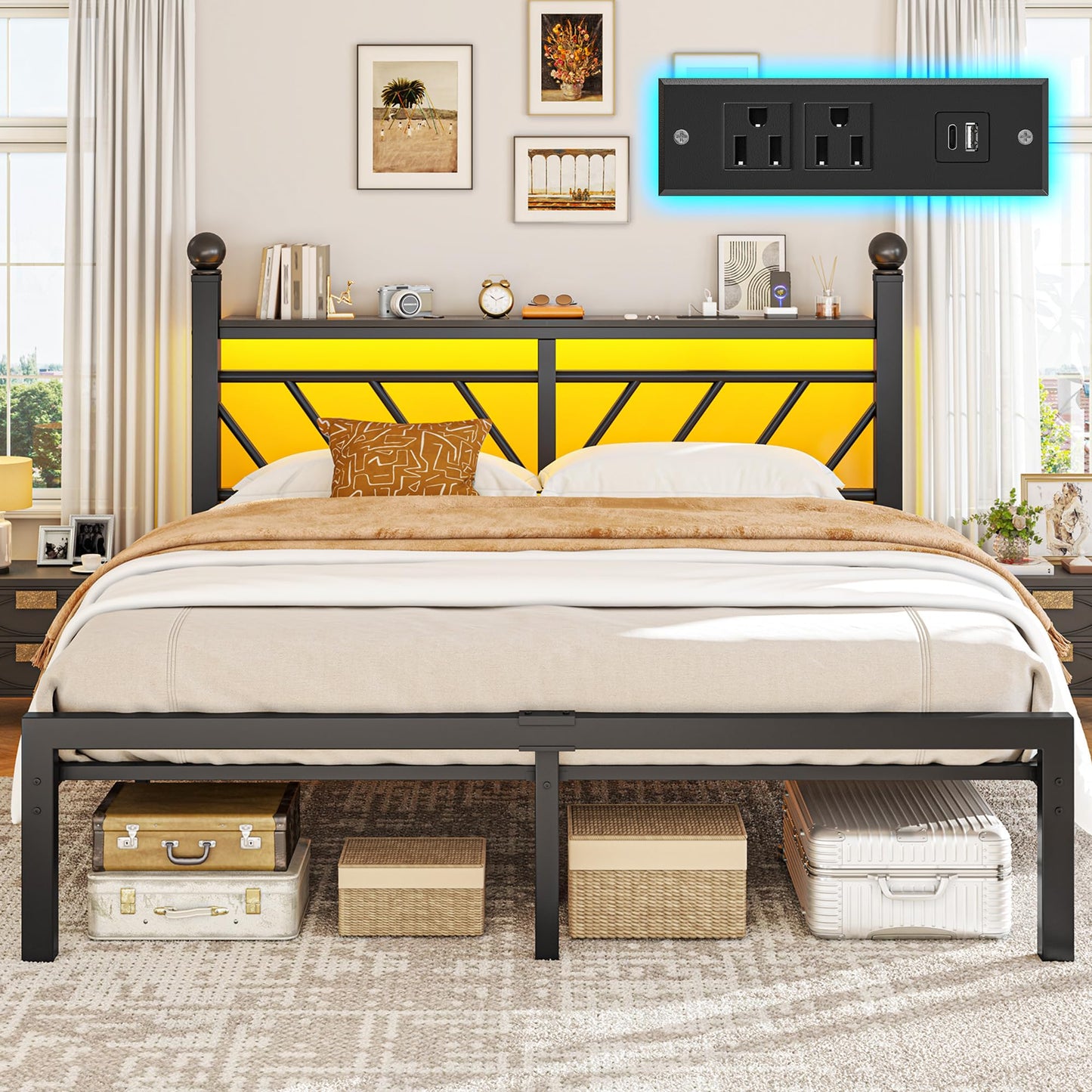 Homkdom Metal Bed Frame Queen Size with LED Lights and Charging Station, Queen Bed Frame with Headboard and Footboard with Storage Shelves and Under Bed Storage, No Box Spring Needed, Noise Free,Black