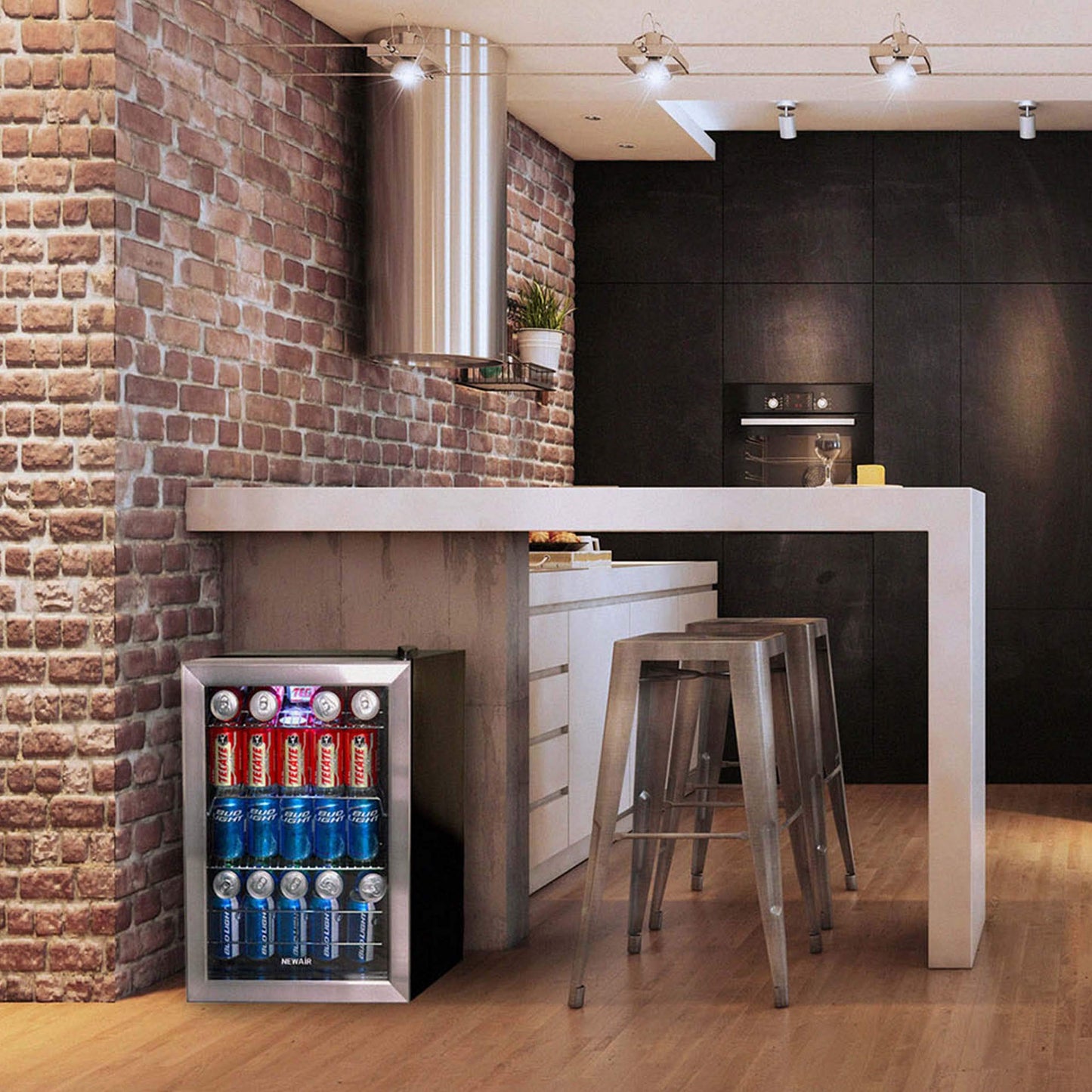 NewAir 90 Can Beverage Refrigerator | 17” Freestanding Small Mini Fridge for Bedroom, Home Bar or Office | Quiet Compressor Cooling & Adjustable Shelves | Stainless Steel