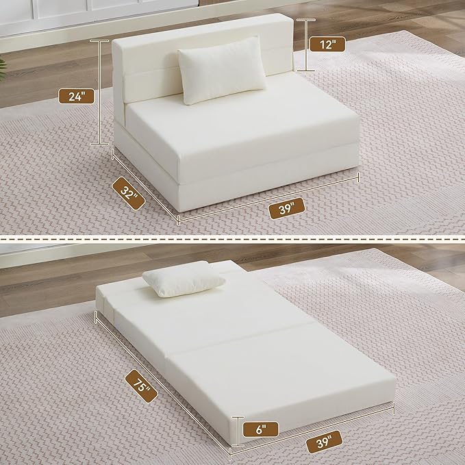 WUTUTUEE Folding Sofa Bed Convertible Floor Couch Foldable Chair Bed with Pillow，Linen Sleeper Chair Futon,Foldable Memory Foam Mattress for Bedroom/Living Room/Dorm/Office (Beige, Standard)