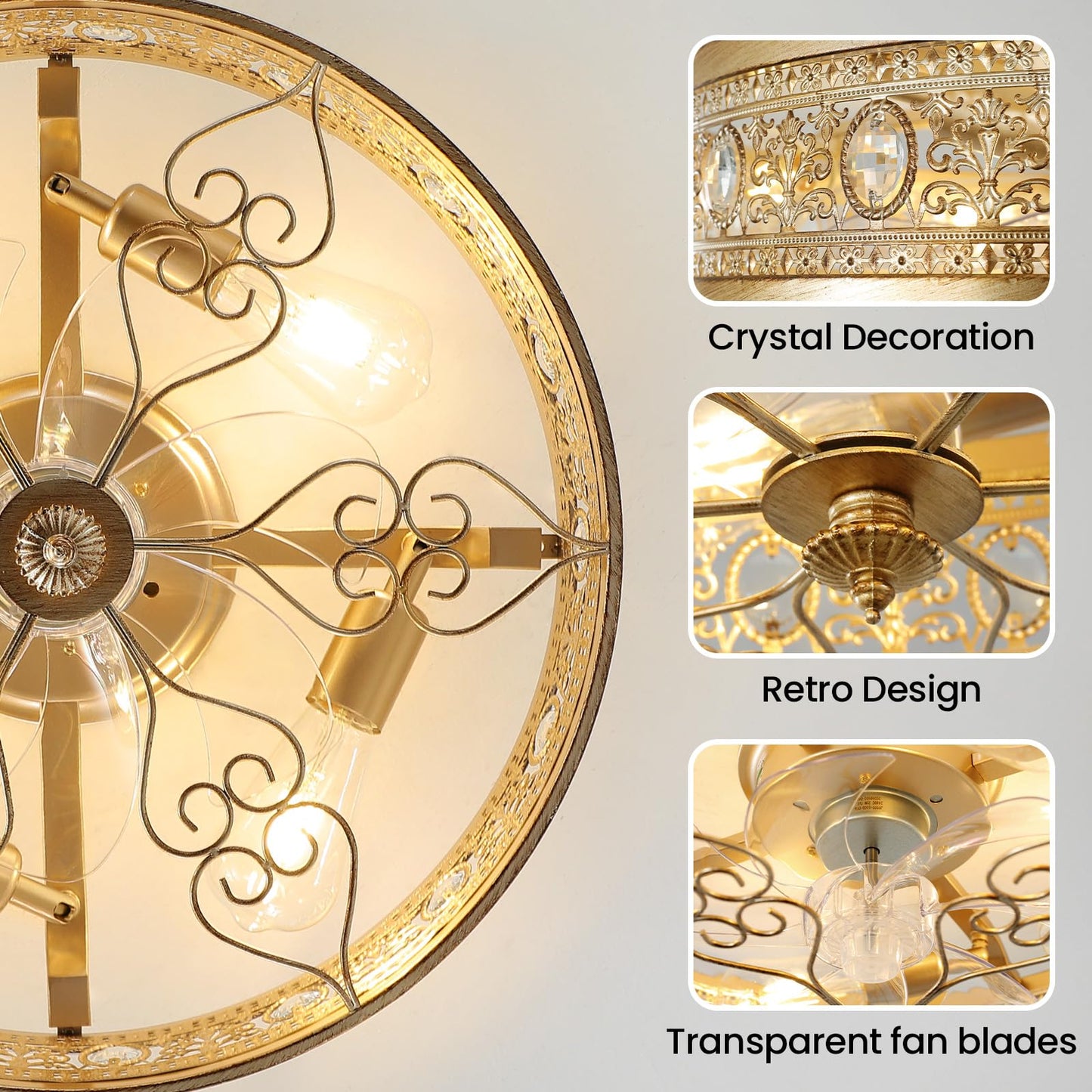 KAISITE Caged Ceiling Fan with Lights 19" Gold Vintage Rustic Crystal Fandelier Farmhouse Ceiling Fan with Remote Low Profile Bladeless Chandelier Fan Light Fixture for Bedroom Kitchen Living Room