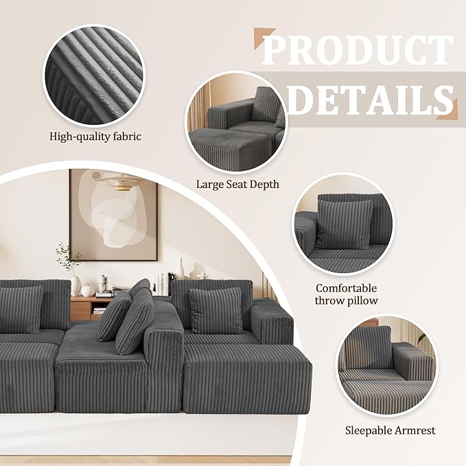 SEENYOO 132" U Shaped Modular Sofa, 4-Seater Sectional Cloud Couch with Chaise, Soft Corduroy Boneless for Living Room, No Assembly Required, Free Configuration,Grey