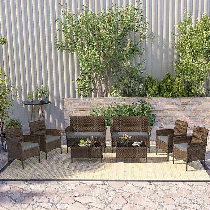 RELAX4LIFE 8-Piece Patio Furniture Set - Rattan Outdoor Conversation Bistro Set w/Cushions, Glass Coffee Table, Wicker Chairs & Loveseat for Garden Backyard Porch, Balcony Furniture Set (2, Grey)