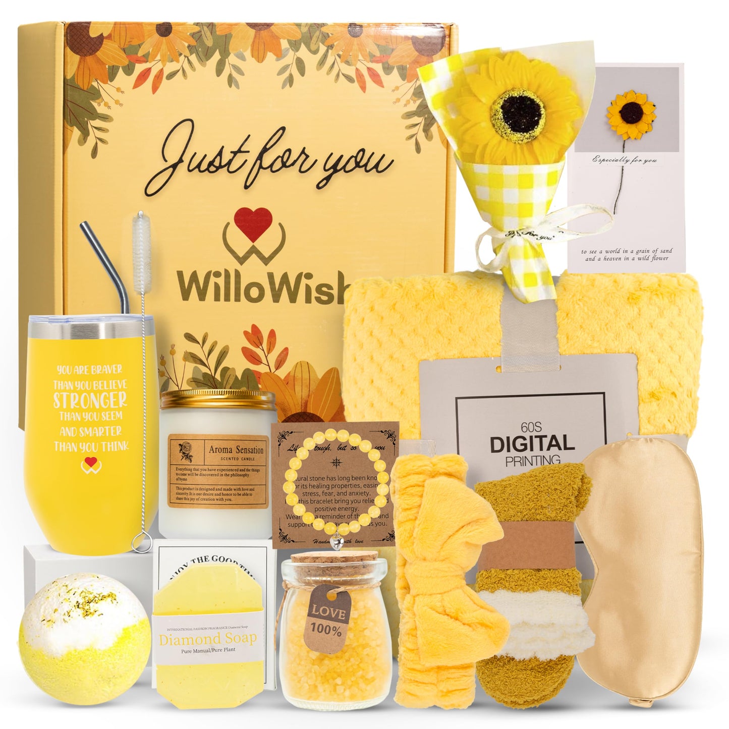 WILLOWISH Sending Sunshine Gift Box For Women - 15 PCs Sunshine Gift Baskets For Women - Get Well Soon Gifts Baskets - Spa Self Care Gift - Thinking Of You Gift Basket
