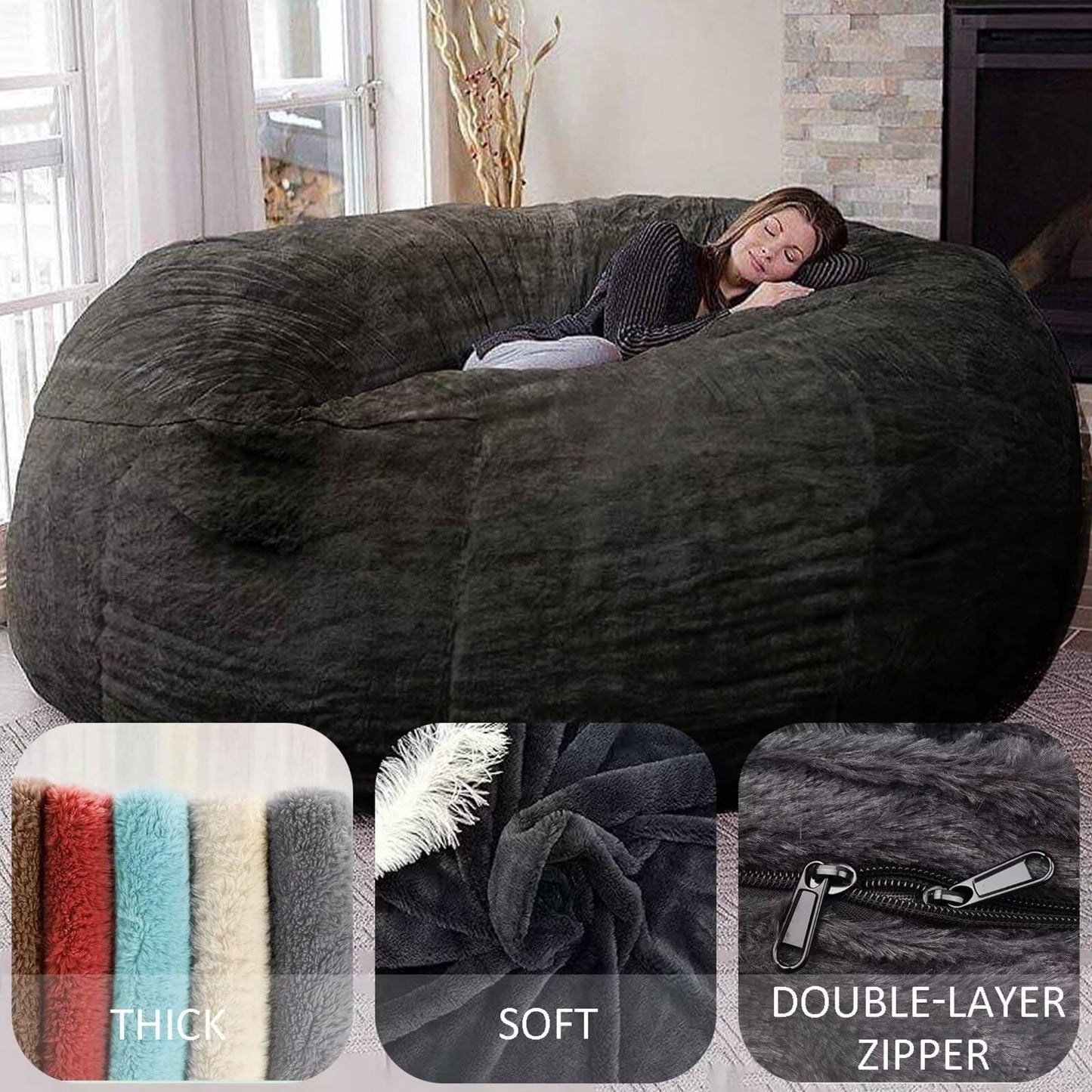 BCU 6FT Bean Bag Chair for Adults and Kids Without Filler Giant Stuffed Animal Storage Cover Soft Faux Fur Floor Chair Cover for Bedroom Living Room, Grey