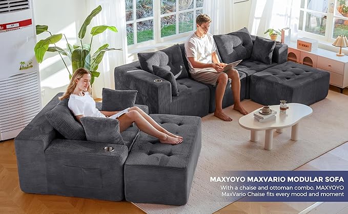 MAXYOYO Modular Sectional Sofa Couch and Chaise Lounge, L Shaped Modern Cloud Couch with Ottoman, Sofa in A Box, Tufted Boneless Sleeper Chair for Living Room, No Assembly Required, Grey