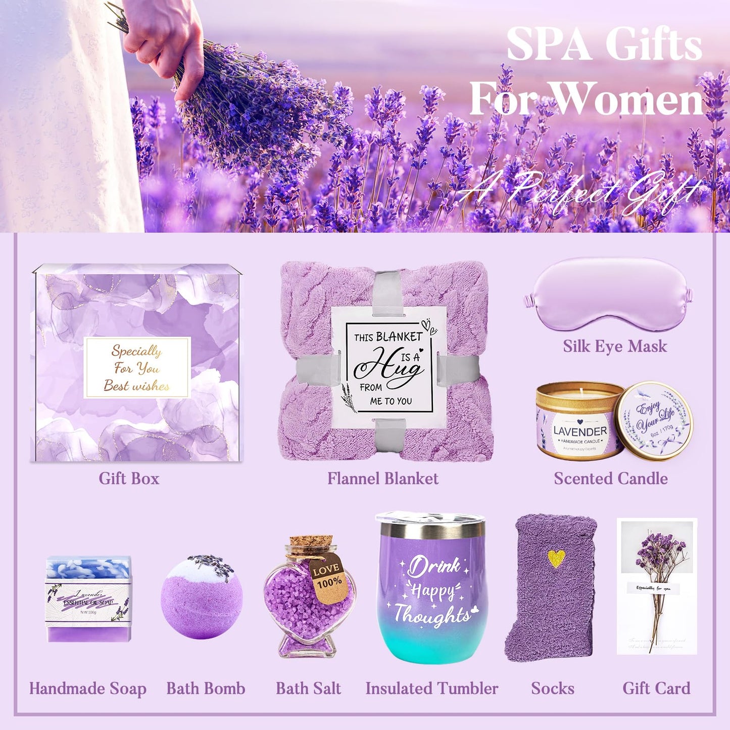 Birthday Gifts for Women Self Care Gifts Get Well Soon Gifts, Lavender Relaxation Spa Gift Basket Sets with Luxury Flannel Blanket, Unique Mothers Day Mom Gifts Basket for Mom Wife Grandma Sister