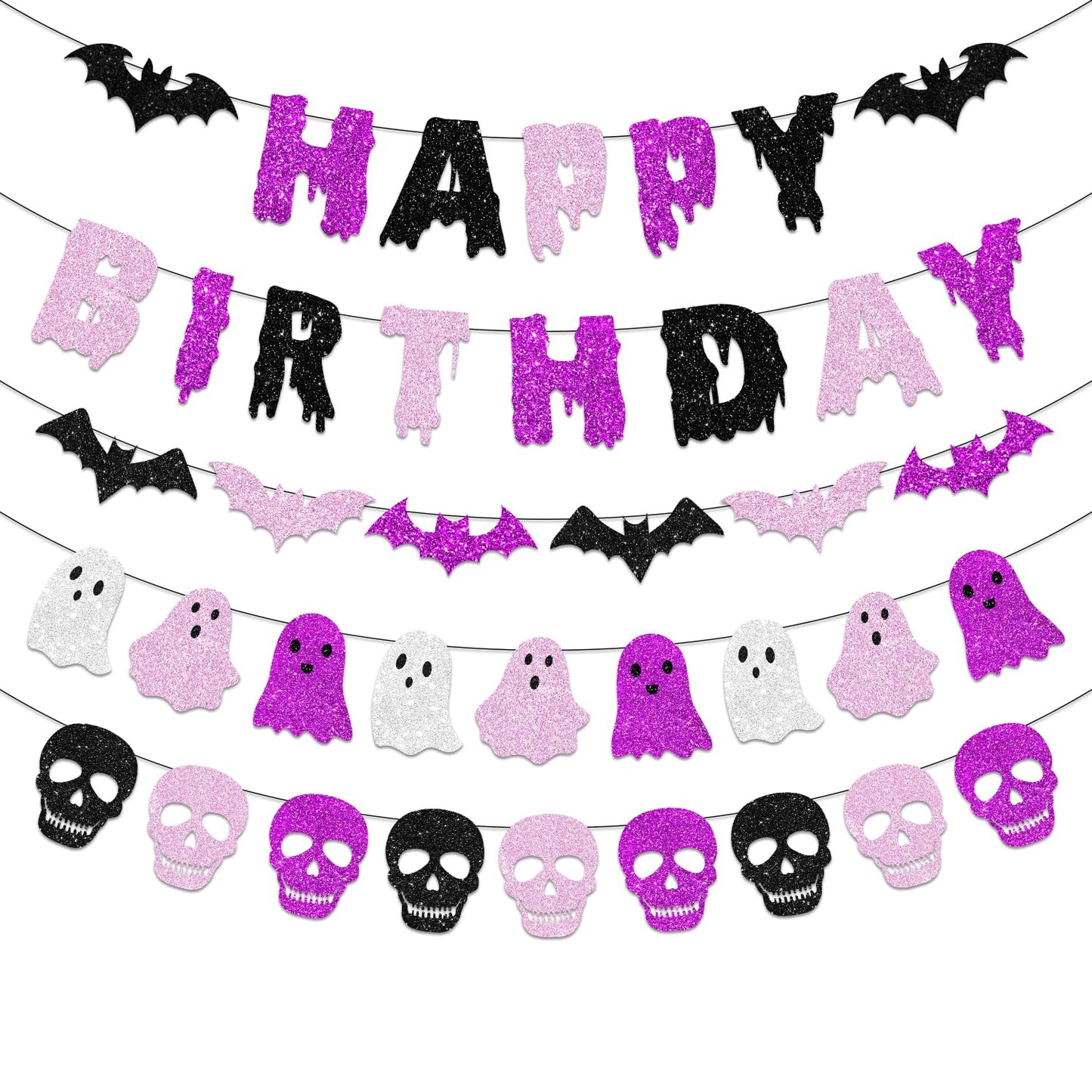 Pink and Black Happy Halloween Birthday Decorations, Glitter Banner Ghost Garland Bat Skeleton Garland, Spooky Decorations for Boy Girl Halloween Birthday Party Supplies