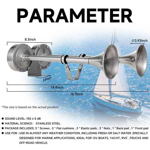 AOLIHAN 150db Boat Horn Deluxe: 12V Dual Horn Trumpet Upgrade - Polished Stainless Steel Marine Horns with Low & High Tones, Featuring Adjustable Horn Support（Upgraded Pair of Horns）