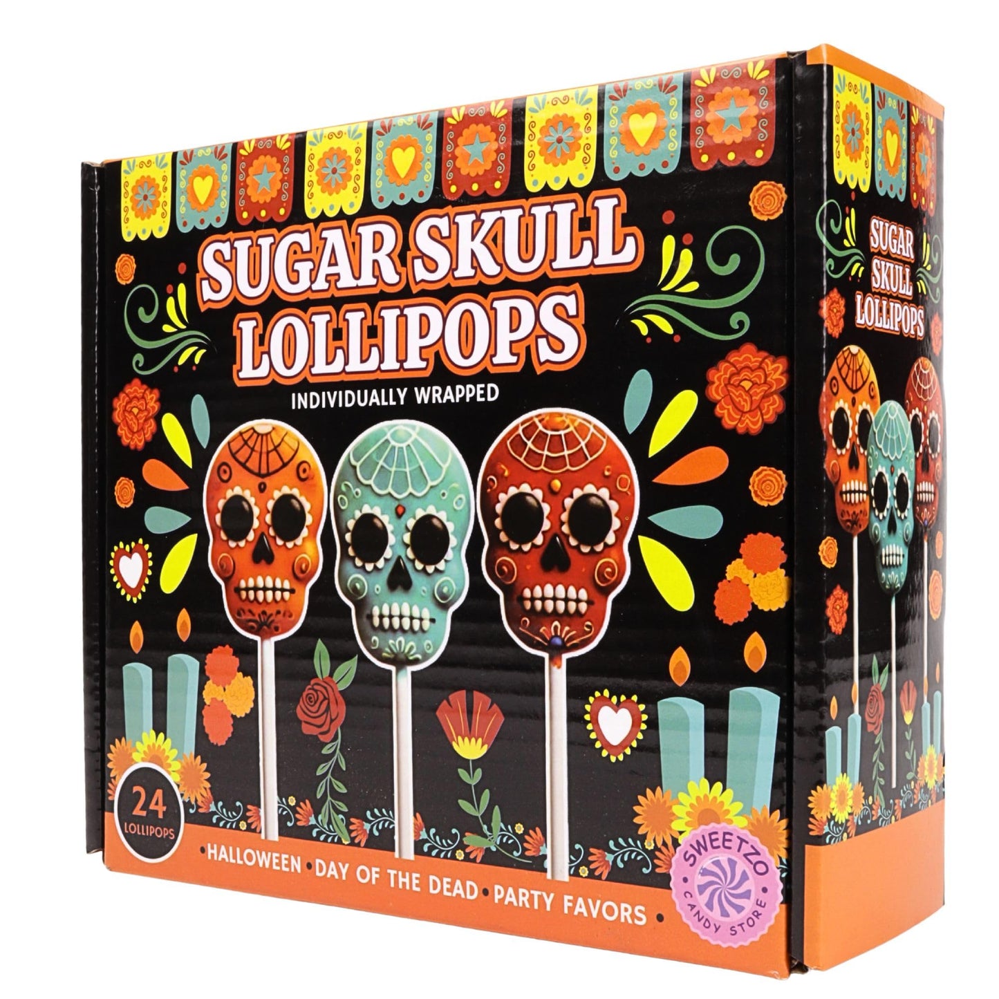 Sweetzo Halloween Sugar Skull Candy Lollipops, Individually Wrapped Dia De Los Muertos Suckers, Strawberry, Orange and Blueberry Flavored (24 Pieces)