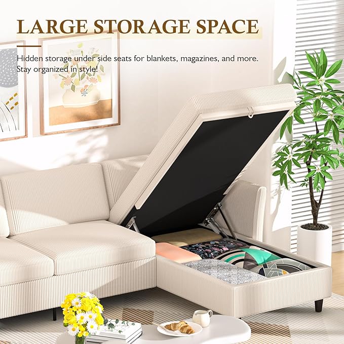 Valthie Convertible Sectional Sofa,Corduroy L-Shaped Couch with Reversible Storage Chaise,3-Seater Sofa with Side Pocket for Living Room,Bedroom and Office, 106.7",Beige