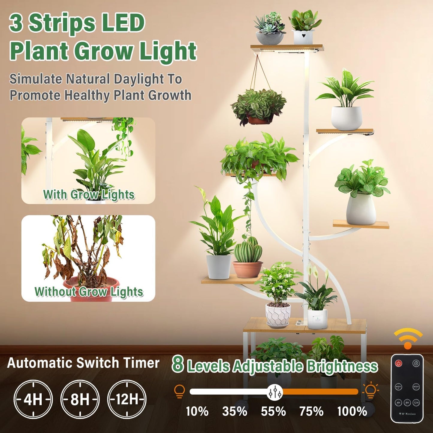Bornerwhite Plant Stand Indoor with Grow Light, 7 Tiered Plant Shelf with Wheels, 61" Tall Metal Built-in Light Stand for Indoor Plants Display Rack for Living Room Corner Patio Balcony Garden (White)