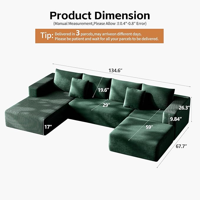 Fancyfire 134.6" Cloud Modular Sectional Couch with Chaise and Pillows,Ultimate Comfort U-Shaped Deep Seat Sofa,Boneless Couch Upholstered 3-Seater Sofas for Living Room, No Assembly Required(Green)