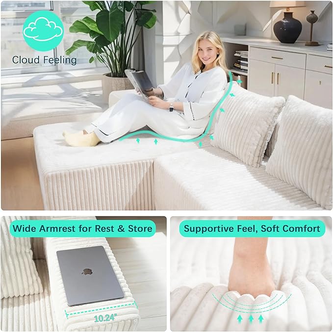 SEENYOO 130" Boneless Couch, Cloud Couch Sectional, Corduroy Sofa for Living Room, U Shaped Modular Sofa with Chaise, No Assembly, 4 Seats Oversized (White)
