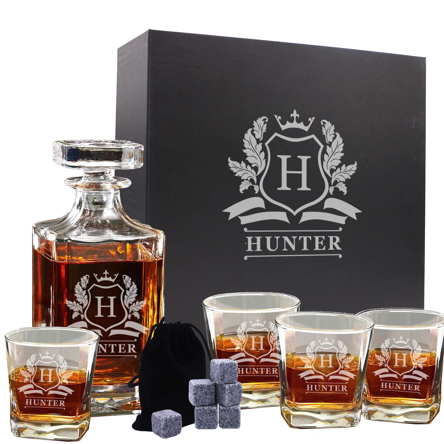 The Wedding Party Store, Custom Engraved Groomsmen - Whiskey Decanter Set and 4 Glasses Set - Personalized and Monogrammed with WPS Styles