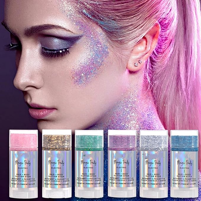 MAEPEOR Body Glitter Stick 6 Colors Holographic Mermaid Sequins Chunky Face Glitter Stick Singer Concerts or Music Festival Rave Body Makeup (Color 02)