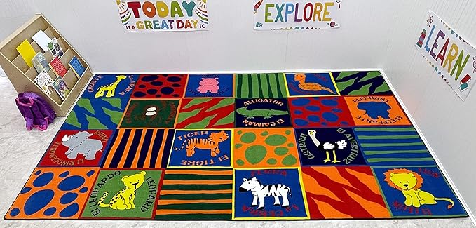 Kids Carpet Bilingual Animals Nylon Area Rug, 7'6" x 12' Multicolored Educational Classroom Area Rug for Kids | Learning Carpets for Kids | Rugs for Bedroom Playroom Baby Toddler Children