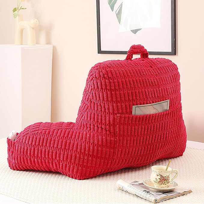 PAJEO Reading Pillow for Sitting in Bed, Large Backrest Reading Pillow with Arm Rest,Back-Rest Support Cushion for Sit Up on Couch, Sofa, and Floor, Dorm Essentials (Red Corduroy, Large(19"))