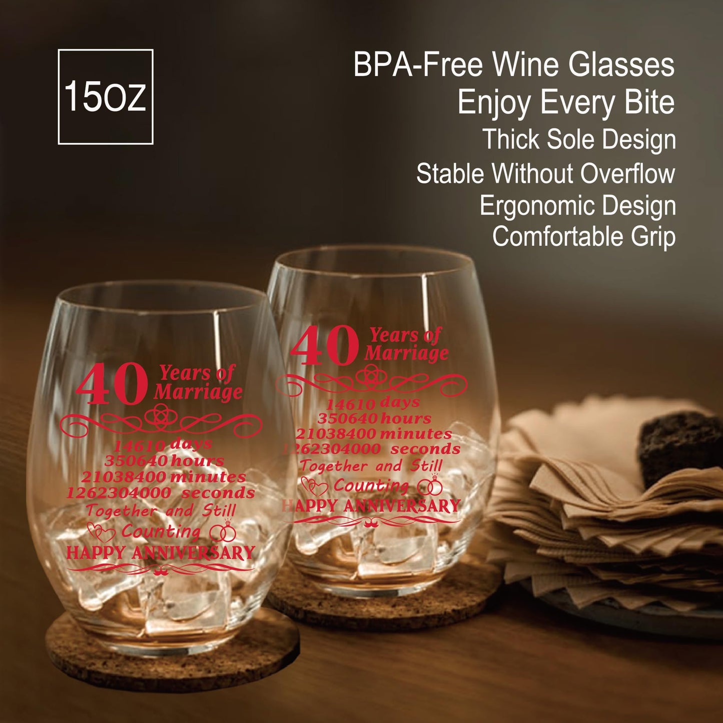 Perfectinsoy 40 Years of Marriage Wine Glasses Set of 2 with Metallic Memorial Card, 40th Birthday Wedding Gifts for Mom, Dad, Wife, Soulmate, Couple, Funny 40 Years Milestone Gift, Wedding Gift