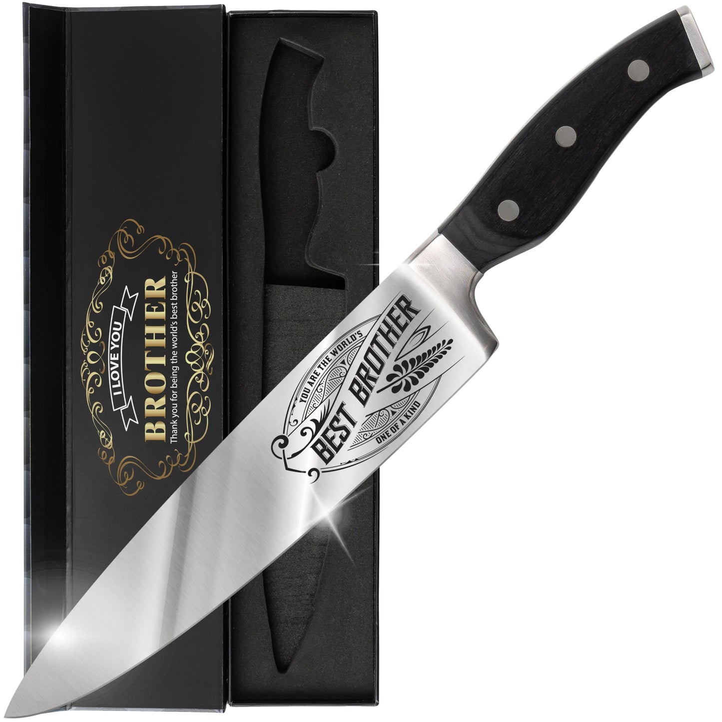 CUTLINX Premium Chef Knife Gift - Engraved BEST BROTHER - 8" Stainless Carbon Steel Kitchen Knive w/Pakka Wood Handle - Birthday, Father's Day, Christmas, Anniversary, or Housewarming Gifts