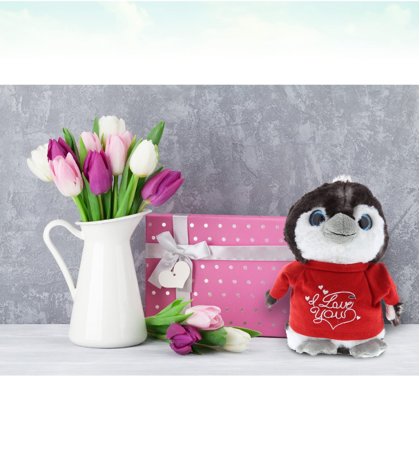 DolliBu I Love You Valentine Plush Grey Penguin - Cute Stuffed Animal with Red Shirt and Name Personalization Gift for Valentines Day, Birthday, Anniversary, Romantic Date - 9 Inches