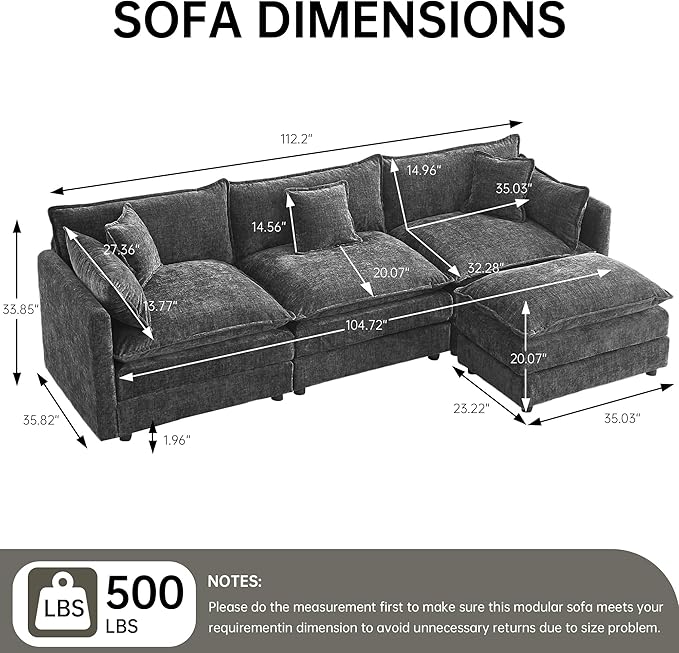 saows Modular Sectional Sofa 112.2 Inch L Shaped Couch Set with Armrests, 3-Seater Comfortable Cloud Couches with Movable Ottoman for Living Room Apartment, Grey