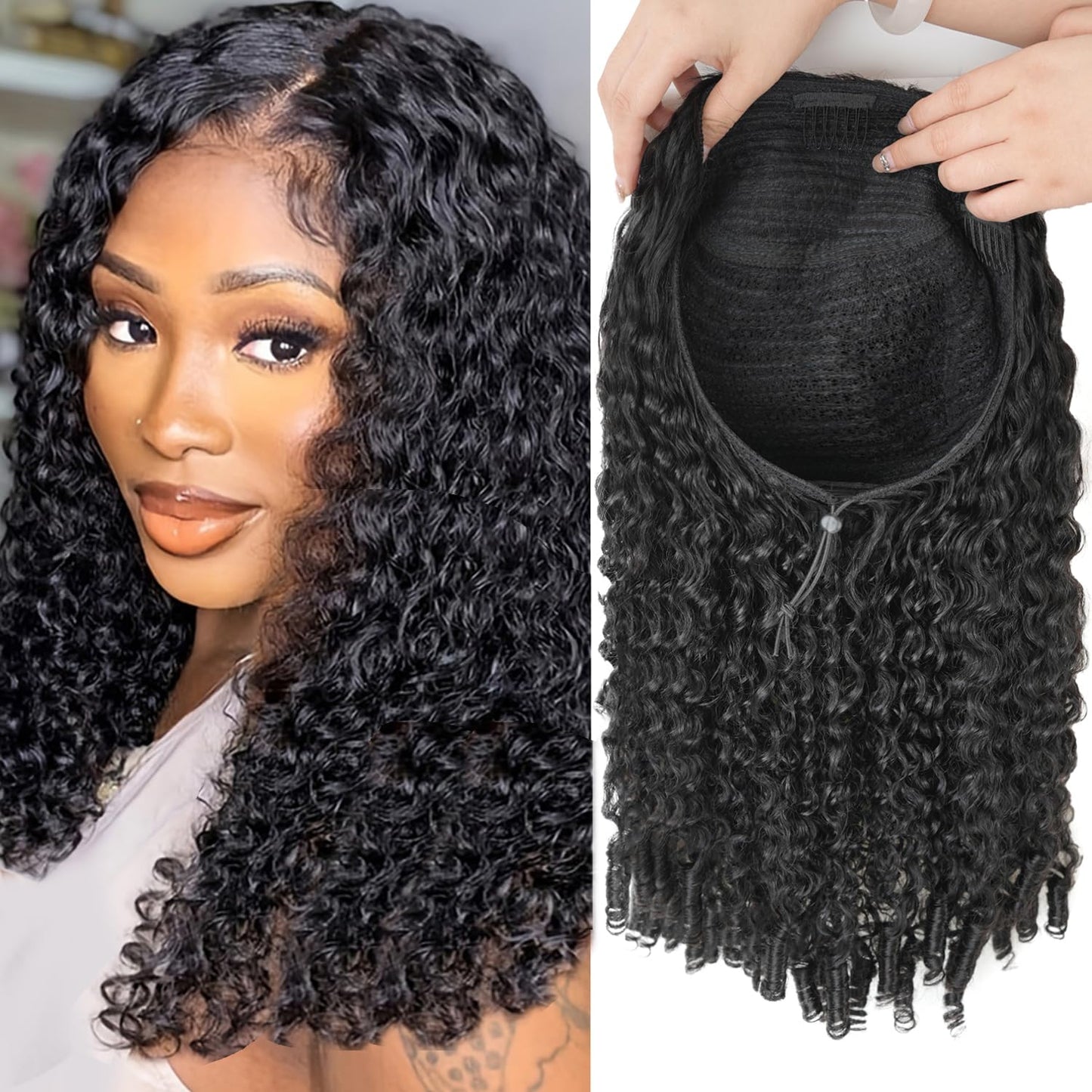 CanaryFly Curly Half Wigs Human Hair 200 Density Burmese Curly 3 In 1 Half Wigs With Drawstring Glueless Wig Human Hair for Wome