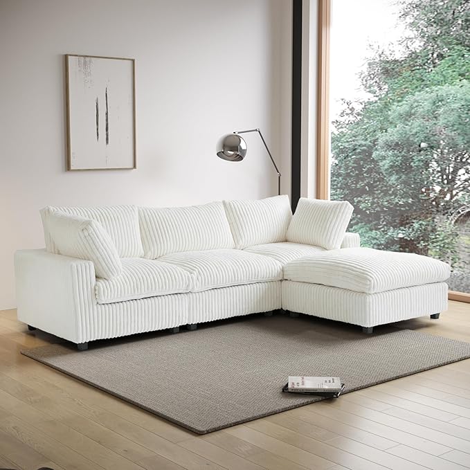Cloud Couch Modular Sectional Sofa,118" Oversized L Shaped Sofa with Ottoman,Plush 4 Seater Comfy Couch with Chaise Convertible Couches for Living Room,Covers Washable&Replaceable (White)