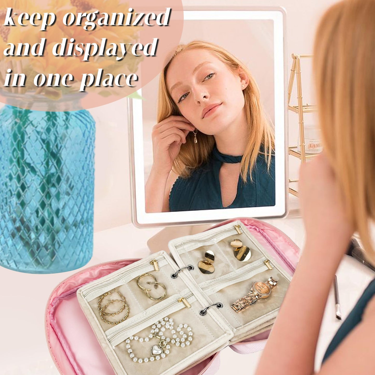 LingLingo Travel Jewelry Organizer Case,Small Jewelry Bags Jewelry Storage Book Binder with Clear Zipper Velvet Pouch for Traveling,Earrings, Rings, Necklace, Bracelet (Pink)