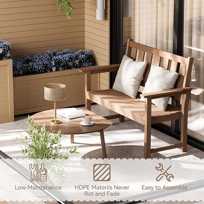 ACUEL HDPE Outdoor Bench – 50'' Weatherproof Durable Garden Bench, 2-Person Park Bench, Multi-Purpose Design Ideal for Porch, Patio, Church, and School (Brown)