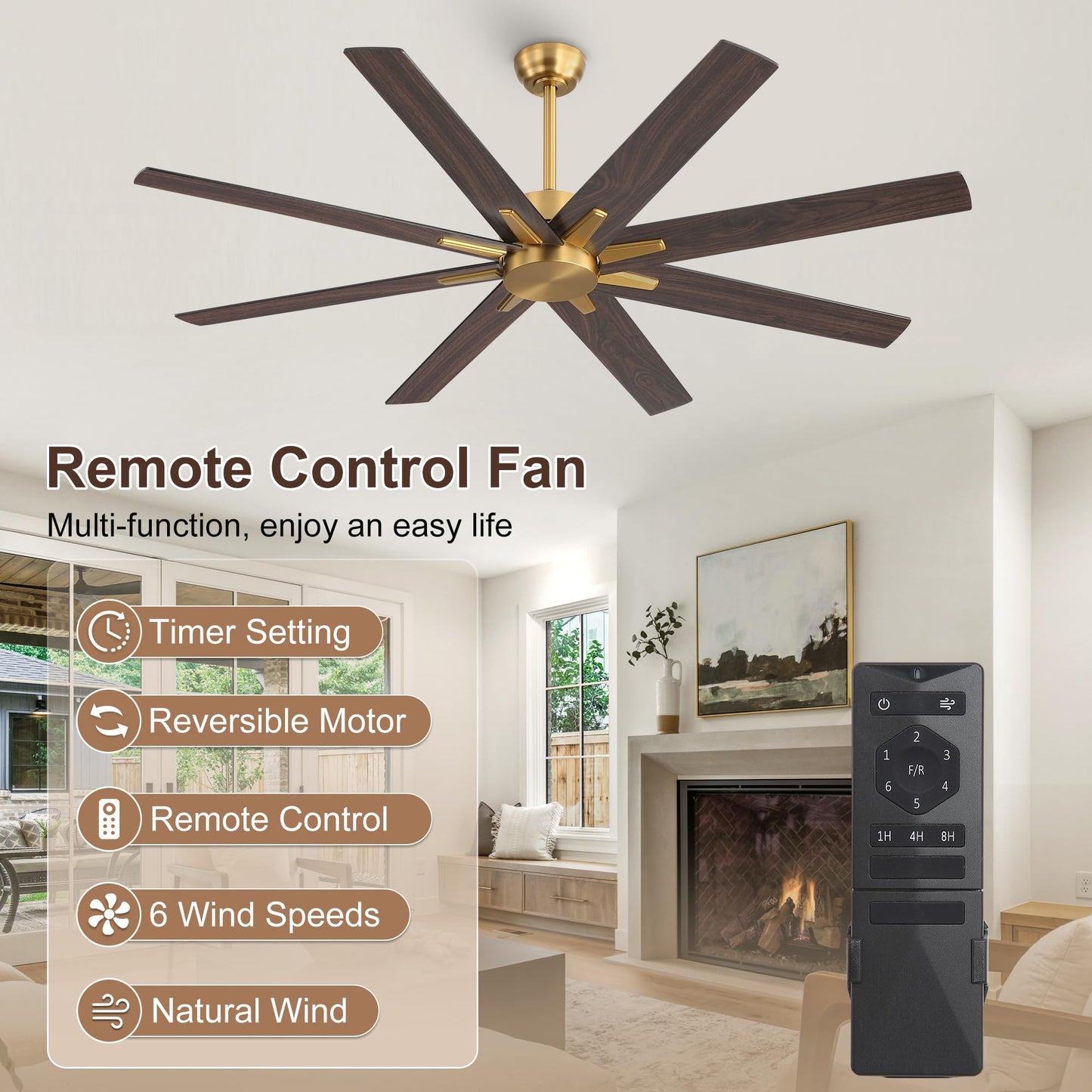 WINGBO 64 Inch Ceiling Fan without Light - 8 Plywood Blades, 6-Speed Reversible DC Motor, Noiseless Remote Control Ceiling Fan No Light for Bedroom Living Room Kitchen, Gold and Walnut/Black