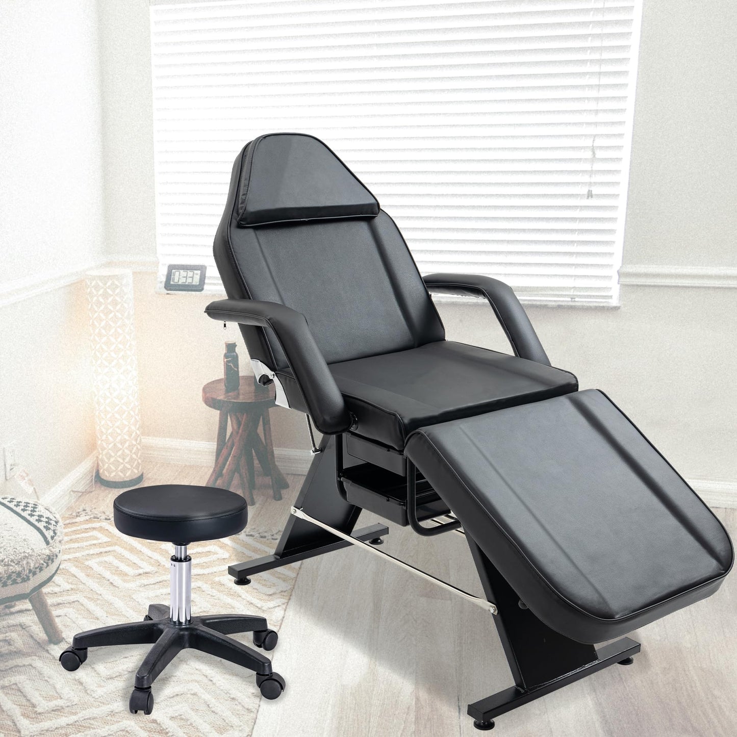 WZONICE98 3-Section Adjustable Facial Bed and Tattoo Chair, Hydraulic Stool with 2 Trays, 330lbs Capacity Massage Salon Spa Chair, Multi-Purpose Esthetician Lash Bed for Waxing Beauty Barber Black