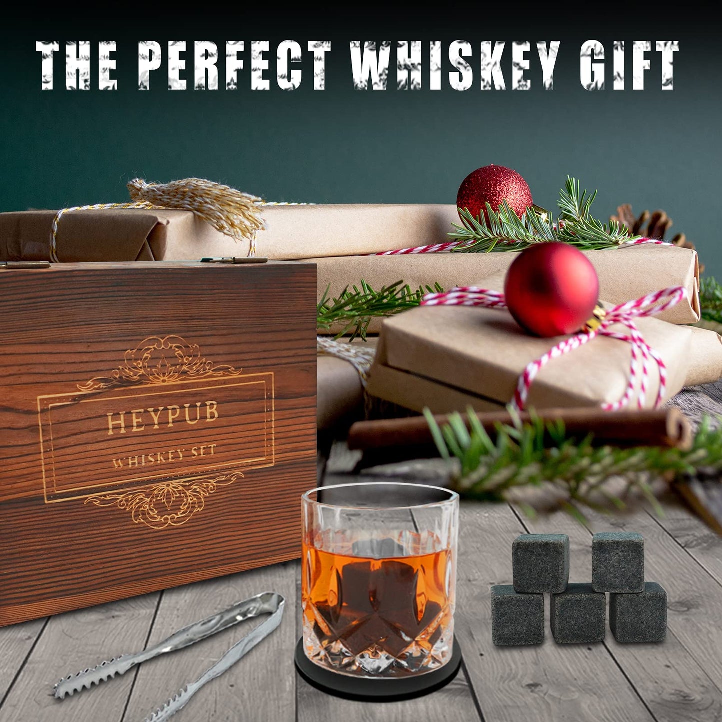 HEYPUB Whiskey Stones Gift Set,Whiskey Glasses Set 8 Granite Chilling Whisky Rocks, 2 Bourbon Glasses,Best Drinking Gifts for Men Dad Husband Birthday Anniversary Present，Plus 2 Free Coasters.