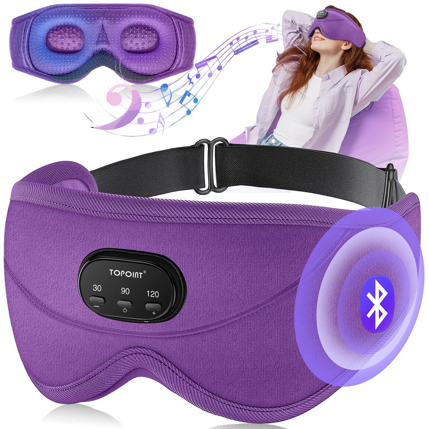 TOPOINT Sleep Mask with Bluetooth Headphones, 3D Eye Mask for Sleep Headphones with White Noise, Total Blackout, 5.4 Bluetooth, Timer, 15 Hours for Women Men, Travel, Meditation, Nap, CPAP Users