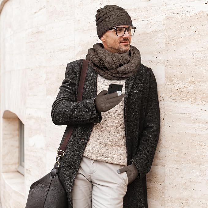 Aneco Winter Warm Sets Knitted Scarf Beanie Hat Touch Screen Gloves and Winter Ear Warmer for Men or Women
