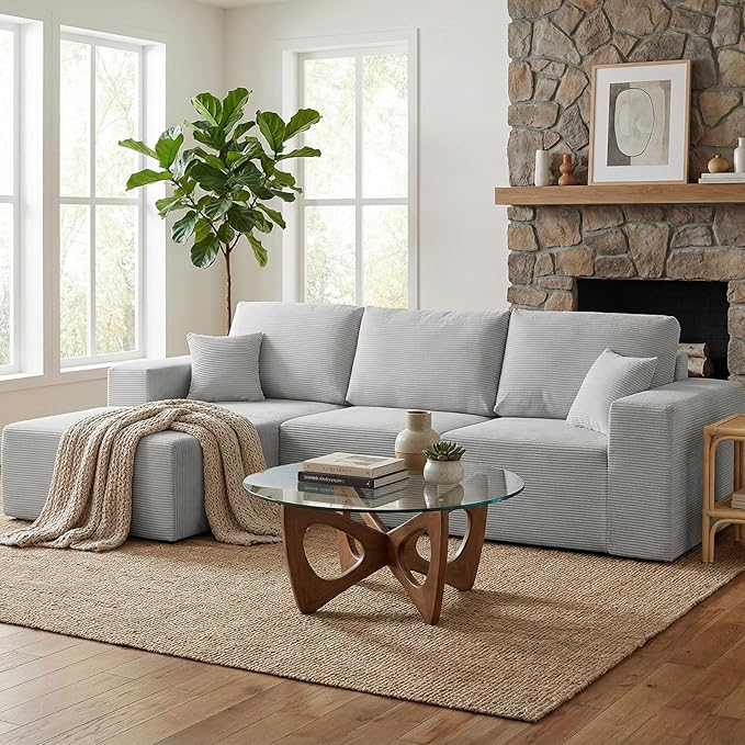 INGEROOM 108" Cloud Sectional Couch with Chaise, Modular L-Shaped Sofa, Deep Seat Comfy Corduroy Memory Foam Couch for Apartments, Dorms or Small Space, No Assembly Required, Gray