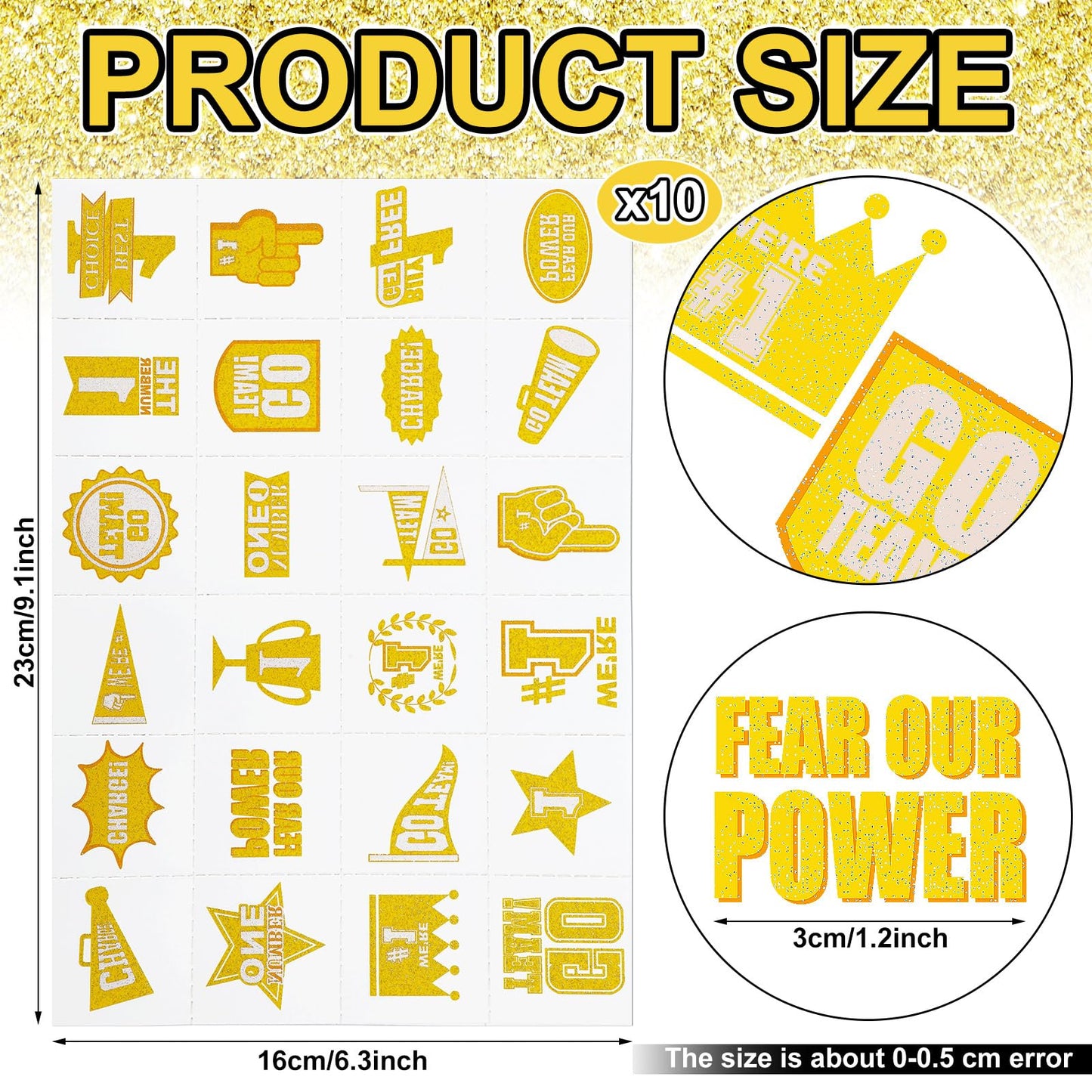 Landhoow 240 Pcs Yellow Team Spirit Tattoos Temporary Glitter Go Team Tattoos Football Temporary Stickers Party Costume Accessor