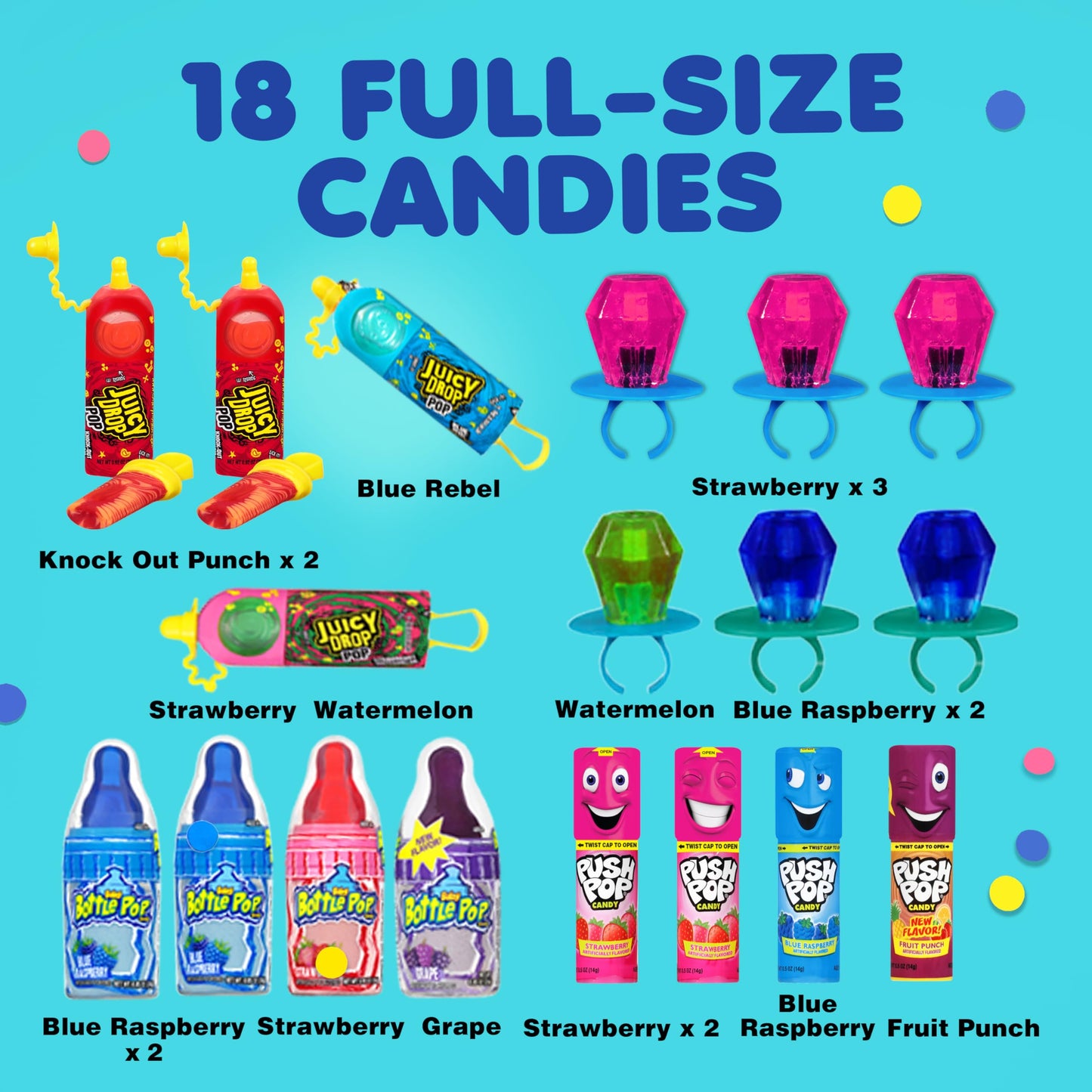 Candy Variety Pack, 18 Count Assorted Lollipops, Bulk Individually Wrapped Ring Pop, Push Pop, Baby Bottle Pop & Juicy Drop, Ideal for Birthdays, Party Favors for Kids & Hard Candy Gifts