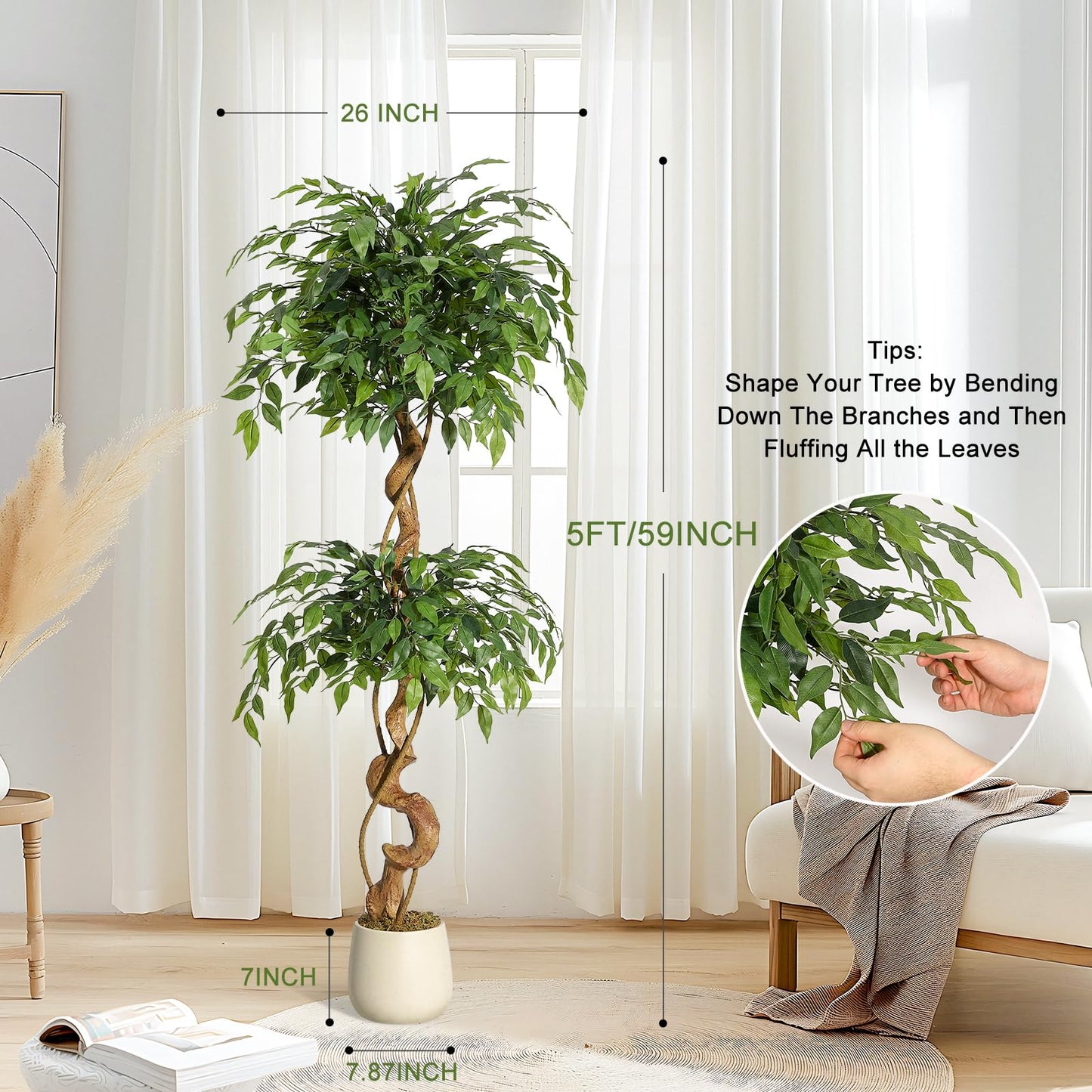 GarveeHome Ficus Artificial Tree with Curved Trunk，5 Feet Faux Plant Fake Silk Trees with White Pot, Fake Ficus Tree for Home Decor, Artificial Plants Indoor for Office Living Room
