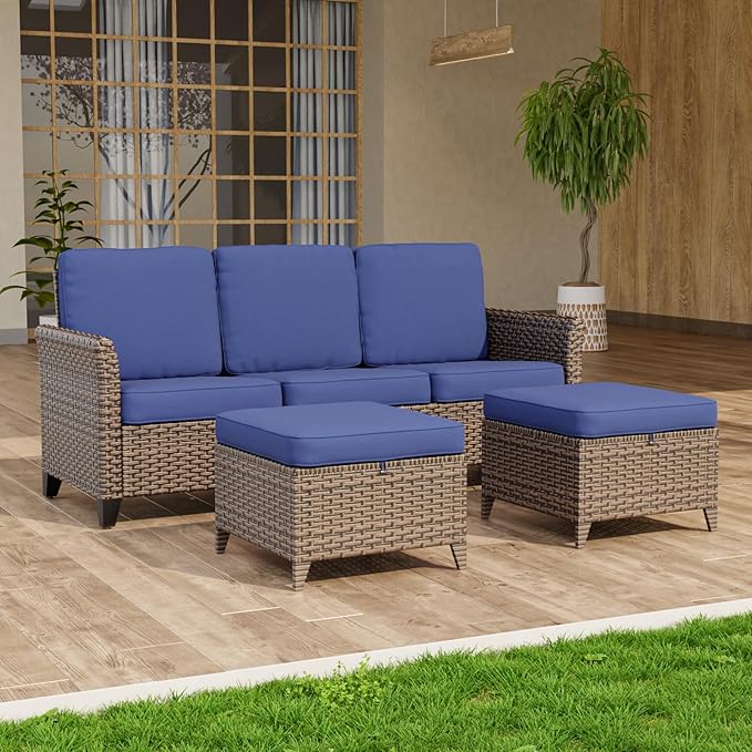COOS BAY Harbor Retreat 3 Piece Outdoor Furniture Set, Patio Conversation Set with 3 Seat Couch and Ottomans, Wicker Furniture, Brown/Blue