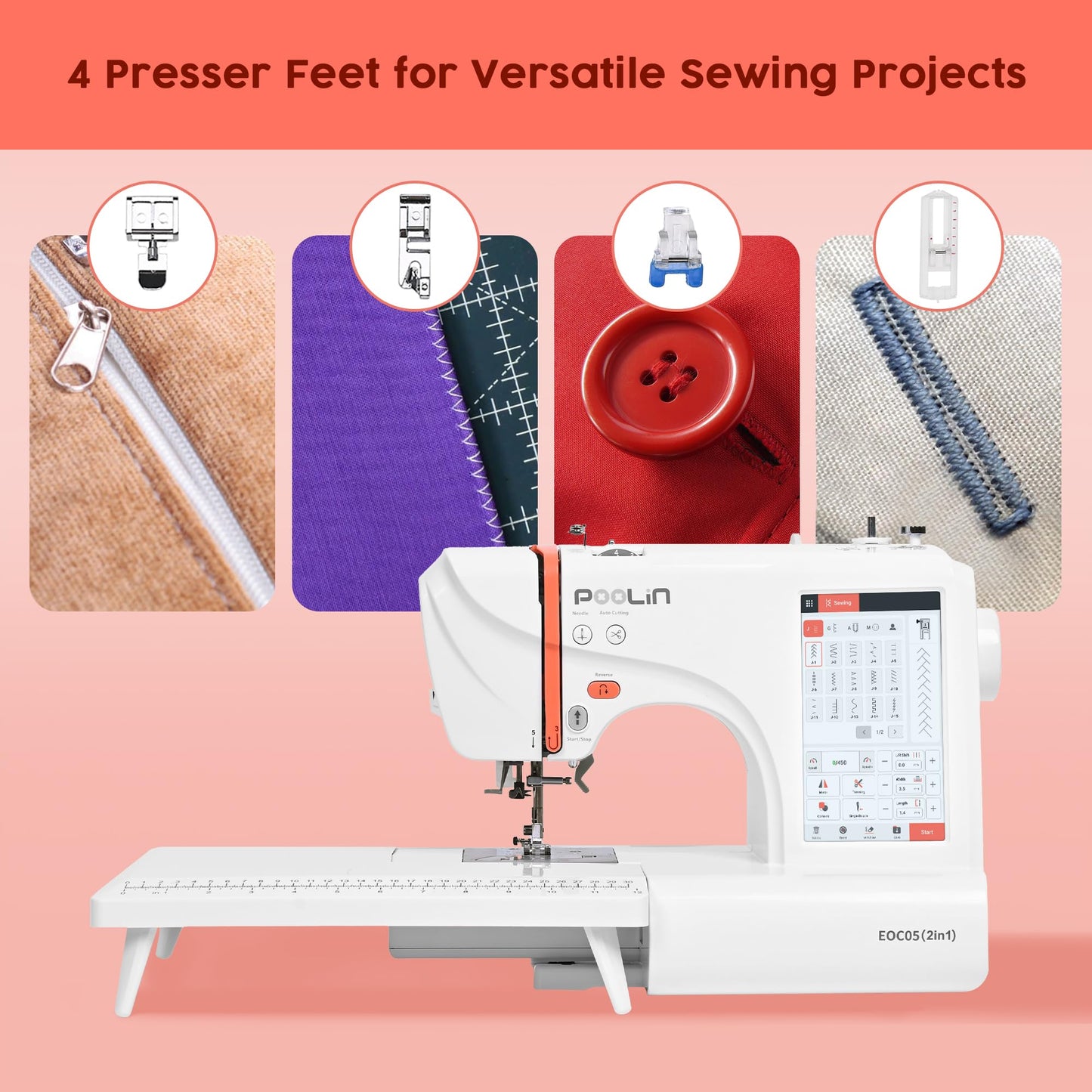 Poolin EOC05 2-in-1 Sewing & Embroidery Machine Pro Bundle with 80-Color Thread, 144 Pre Wound Bobbins and Water-Soluble Topping
