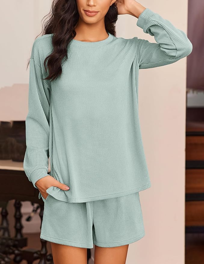 Ekouaer 2 Pieces Lounge Set for Women Long Sleeve Pajamas Top and Shorts Matching Sets Outfits with Pockets