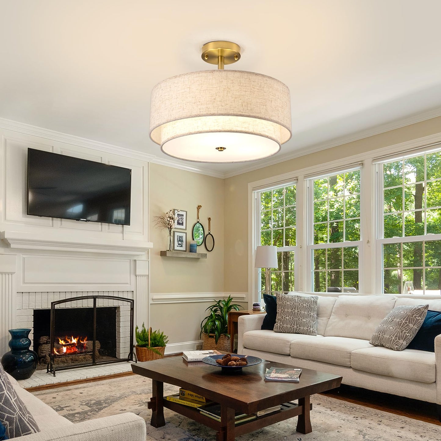Aufrichting 16" Semi Flush Mount Ceiling Light Fixture,Modern Close to Ceiling Light, 3-Lights Gold Drum Ceiling Light with Linen Fabric Shade for Bedroom Living Dining Room Hallway Entryway Foyer