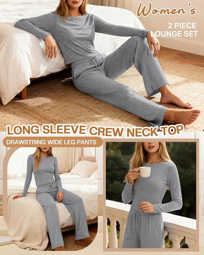 Evervibe Women's 2 Piece Lounge Set Long Sleeve Crew Neck Top Drawstring Wide Leg Pants Casual Tracksuit Matching Set